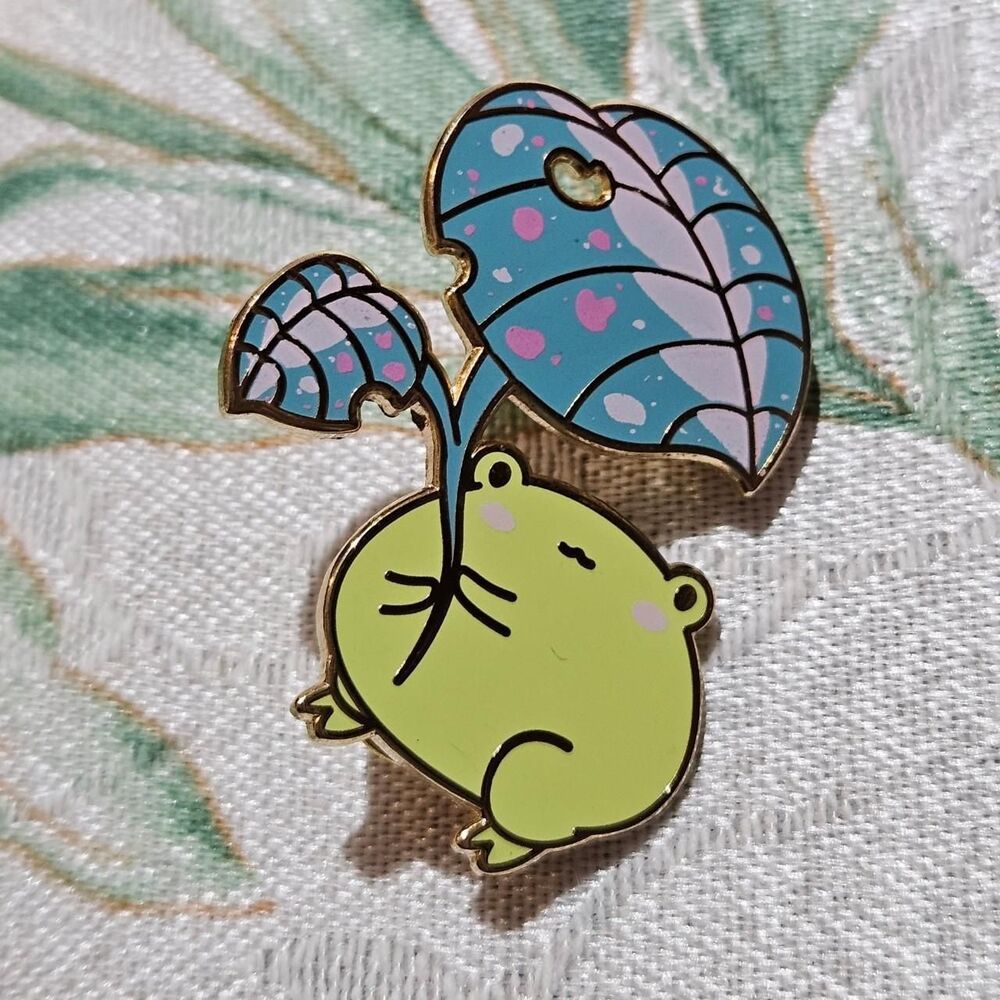 cute frog with leaf umbrella enamel pin
